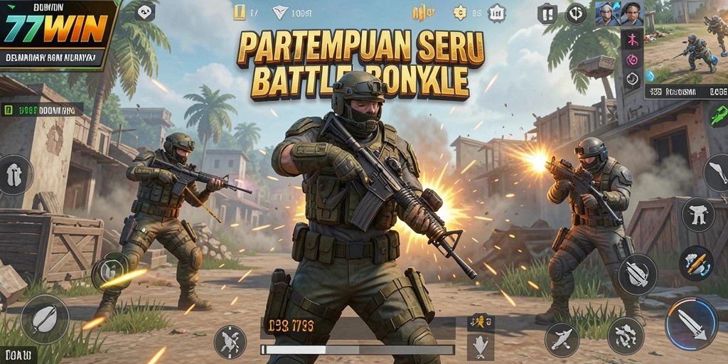 Tampilan screenshot utama 77WIN menampilkan gameplay seru di arena Battle Royale.