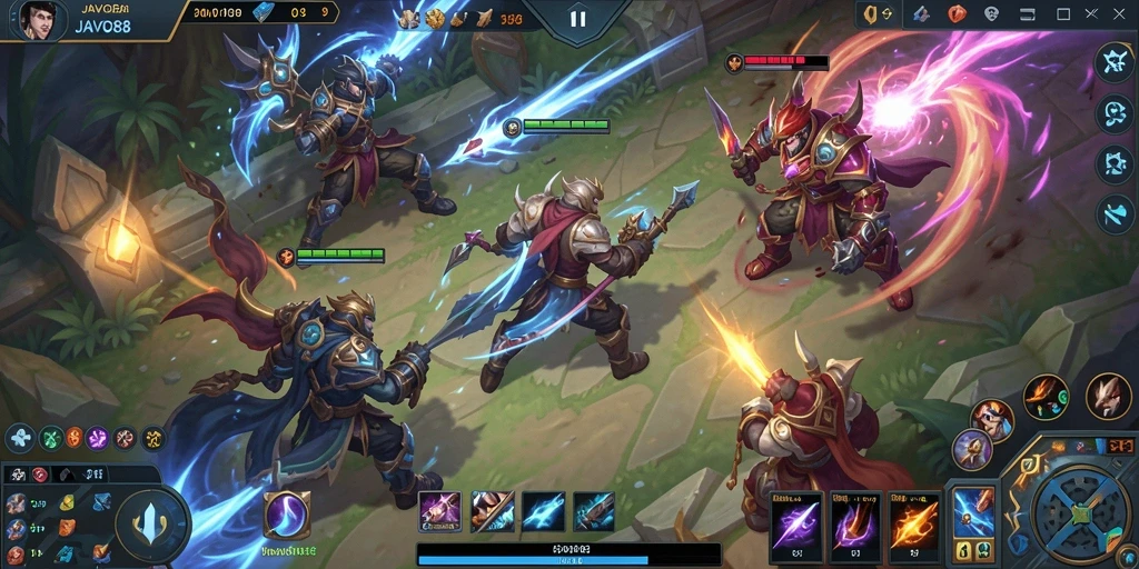 Tampilan gameplay seru di MOBA JAVO88 dengan pertarungan tim.