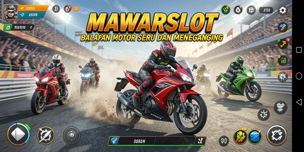 Tampilan seru balapan motor di MAWARSLOT, menampilkan aksi kecepatan tinggi.